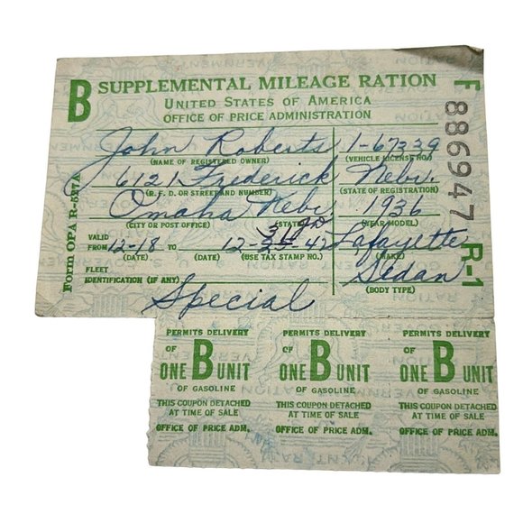 WWII Supplemental Mileage Ration Tickets One B Unit Gasoline 1942 - Picture 1 of 6